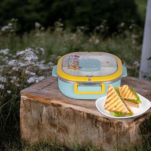KRESHU Heavy Duty Stainless Steel Cute Cartoon Designs Lunch Box | Two Compartment Tiffin Box with Easy Lock | Jumbo Storage Container for Kids Snacks with Sauce Box and Plastic Try (Pack of 1) - Image 3
