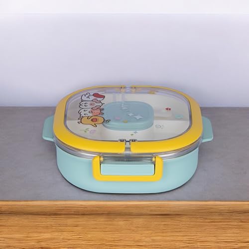 KRESHU Heavy Duty Stainless Steel Cute Cartoon Designs Lunch Box | Two Compartment Tiffin Box with Easy Lock | Jumbo Storage Container for Kids Snacks with Sauce Box and Plastic Try (Pack of 1) - Image 2