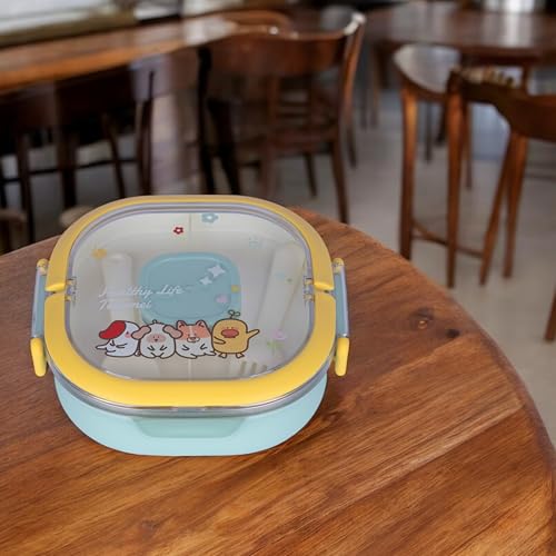KRESHU Heavy Duty Stainless Steel Cute Cartoon Designs Lunch Box | Two Compartment Tiffin Box with Easy Lock | Jumbo Storage Container for Kids Snacks with Sauce Box and Plastic Try (Pack of 1) - Image 4
