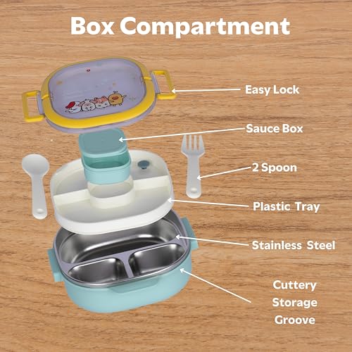 KRESHU Heavy Duty Stainless Steel Cute Cartoon Designs Lunch Box | Two Compartment Tiffin Box with Easy Lock | Jumbo Storage Container for Kids Snacks with Sauce Box and Plastic Try (Pack of 1) - Image 5