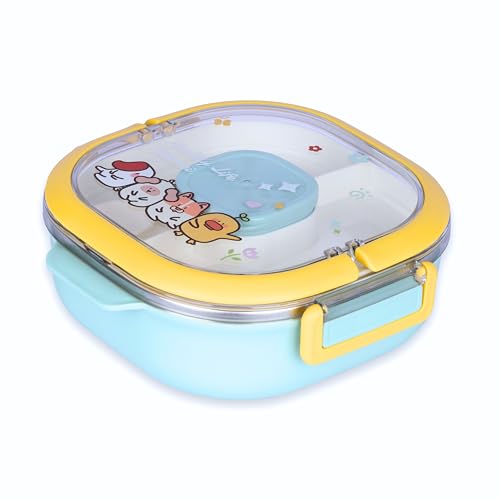 KRESHU Heavy Duty Stainless Steel Cute Cartoon Designs Lunch Box | Two Compartment Tiffin Box with Easy Lock | Jumbo Storage Container for Kids Snacks with Sauce Box and Plastic Try (Pack of 1) - Image 1