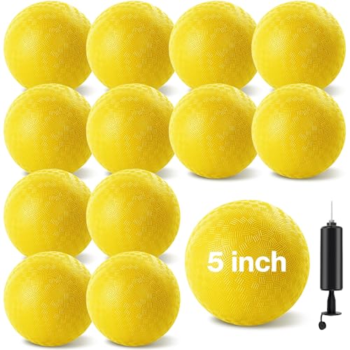 HSLCGF 12 Pack Dodgeballs 5 Inch Playground Ball Kickball Yellow Inflatable Rubber Handball Bouncy Dodge Ball with 1 Hand Pump for Outdoors Ball Games Gym Camps Picnic - Image 1