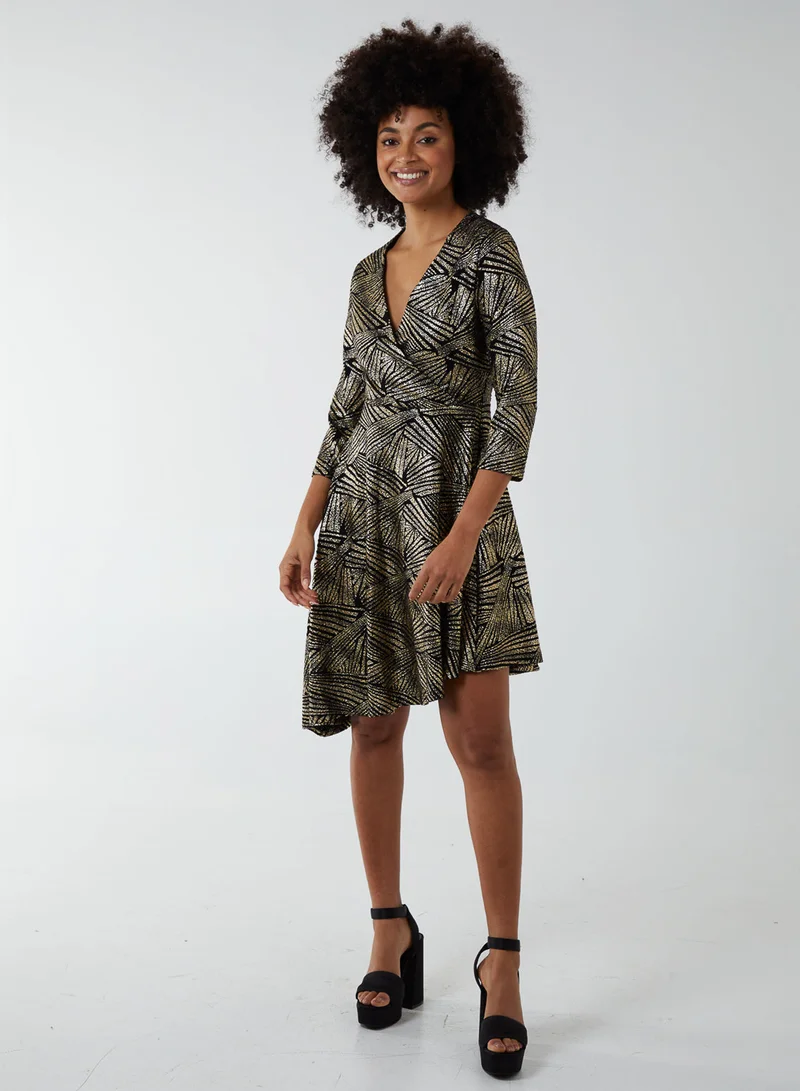 Blue Vanilla Asymmetric Metallic Animal Foil Wrap Dress