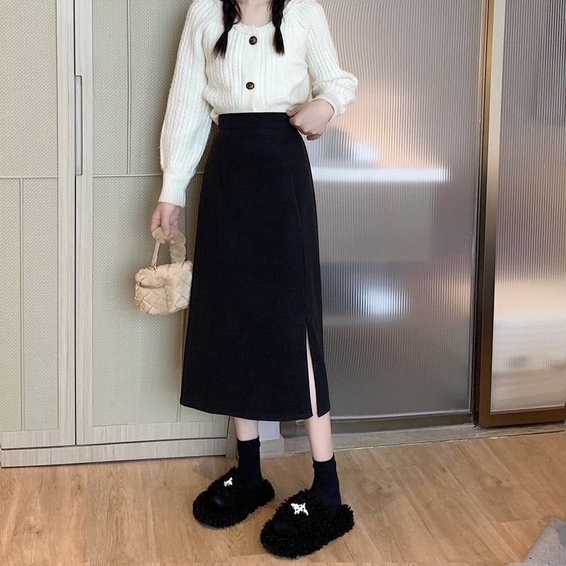 Black autumn and winter 20 skirt mid-length Small 23 with split hip skirt sweater new high waist A- line skirt Black black 653