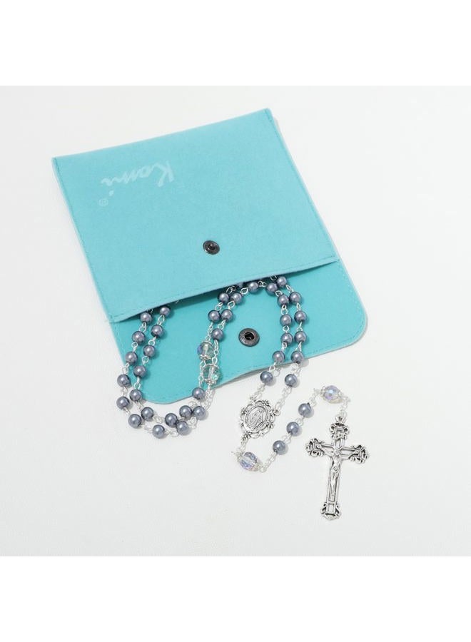 KOMI 6MM Cross Pearl Rosary Beads Catholic Rosary Necklace for Women with Velvet Bag, Glass, No Gemstone - Image 4
