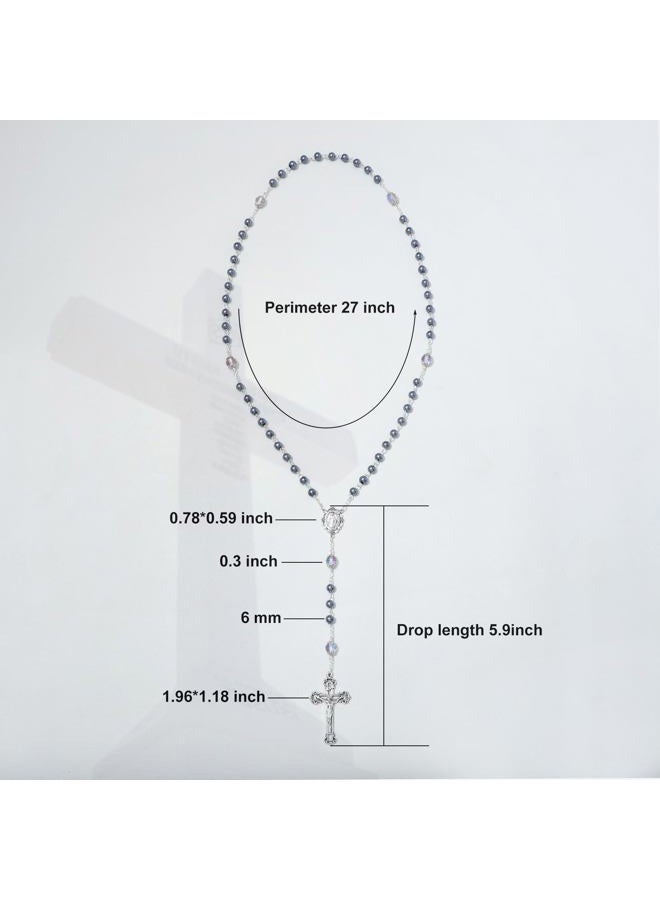 KOMI 6MM Cross Pearl Rosary Beads Catholic Rosary Necklace for Women with Velvet Bag, Glass, No Gemstone - Image 3