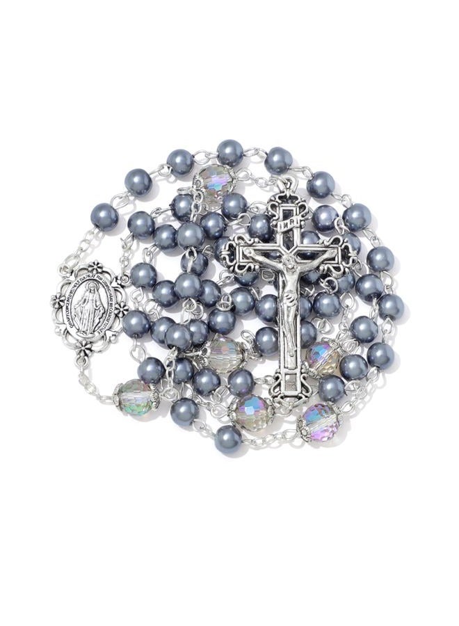 KOMI 6MM Cross Pearl Rosary Beads Catholic Rosary Necklace for Women with Velvet Bag, Glass, No Gemstone - Image 1