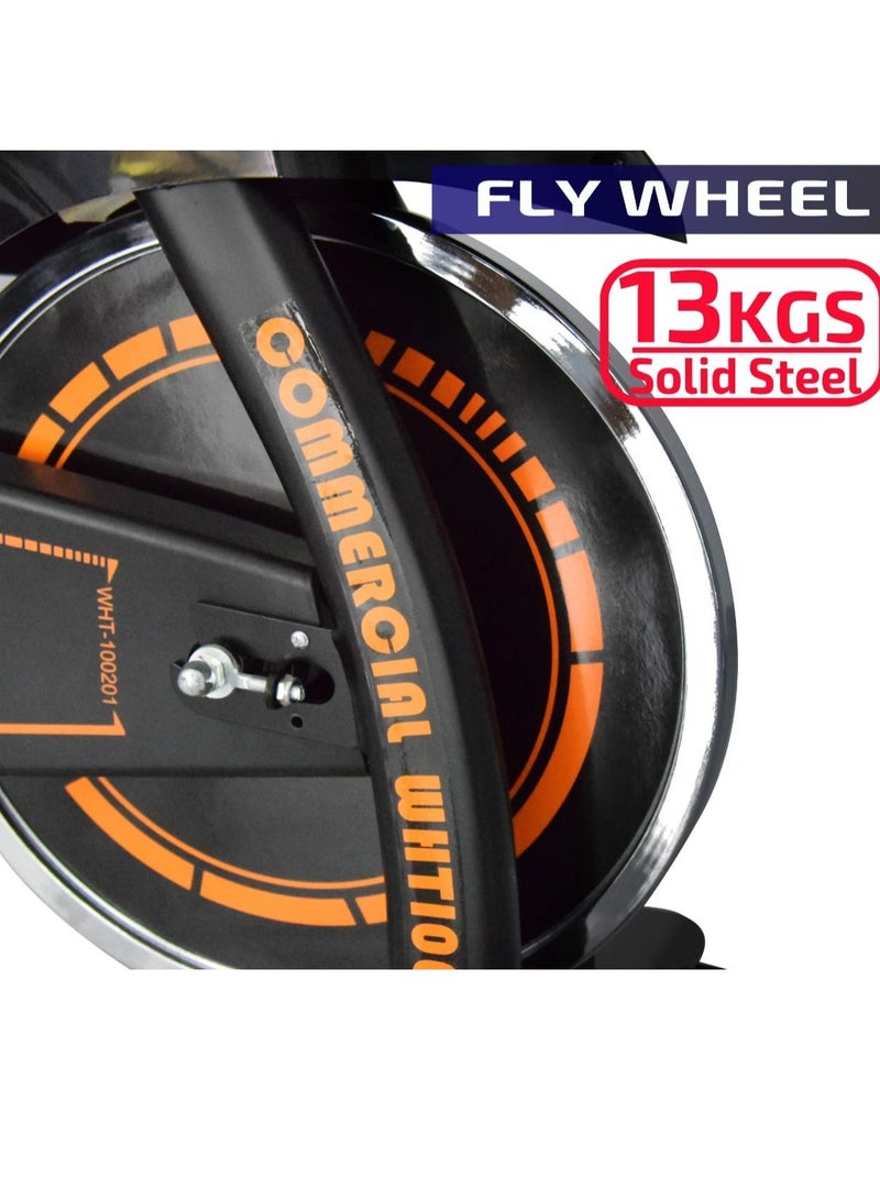 سكاي لاند دراجة ثابتة للتمارين الرياضية مع مقعد ومقود قابلين للتعديل | دراجة سبين للتمارين مع عجلة طيران بوزن 13 كجم لتمارين القلب الهادئة في المنزل – برتقالي - Image 2