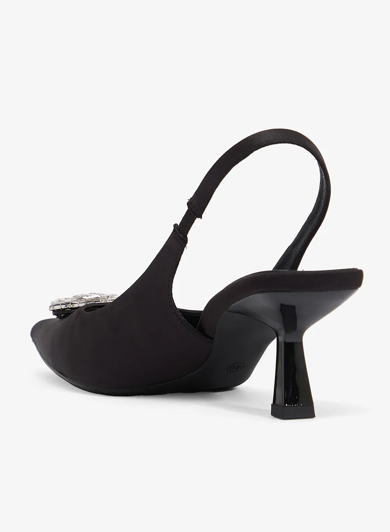 Ella Limited Edition Black Silver Embellished Flower Sling Back Pumps With Mid Heel for Women | Best Price UAE