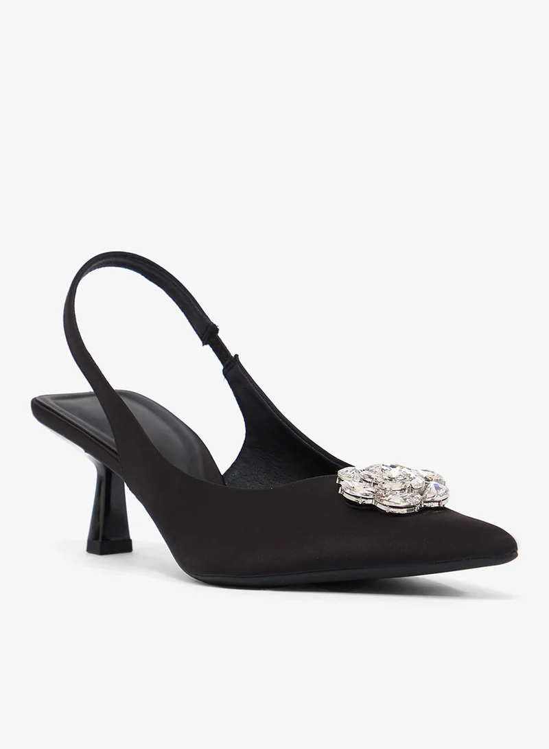 Ella Limited Edition Black Silver Embellished Flower Sling Back Pumps With Mid Heel for Women | Best Price UAE