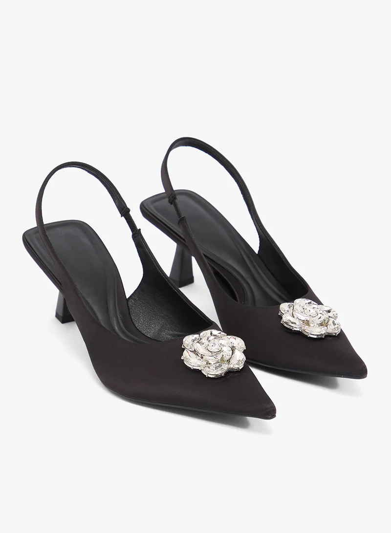 Ella Limited Edition Black Silver Embellished Flower Sling Back Pumps With Mid Heel for Women | Best Price UAE