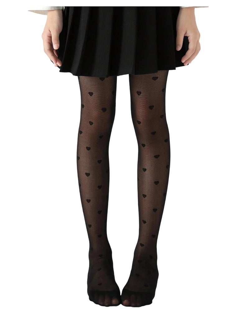 SHENHE Girl's Sheer Mesh Tights Heart Patterned Dance Party High Waist Tights Stockings Pantyhose, Black, 11 years - Image 1
