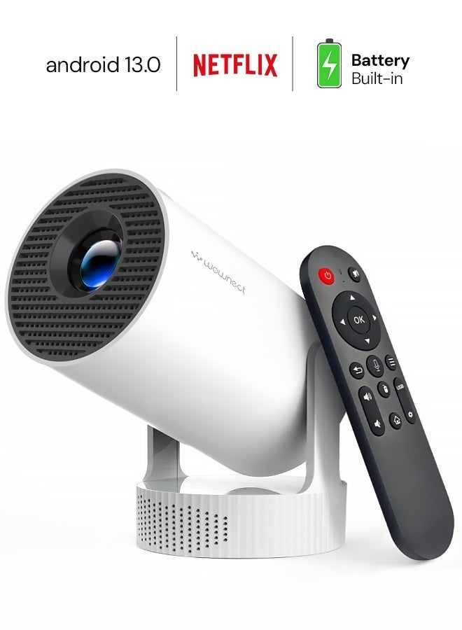 Wownect Mini Smart Projector |180 ANSI Lumens |12000mAh Battery | Android 13 | 4K Support |Auto Keystone |2.4G/5G WiFi |BT5.4 |Portable LED Projector |2+16GB | Up to 130" Display | HDMI/USB HY300 PRO MAX White - Image 1