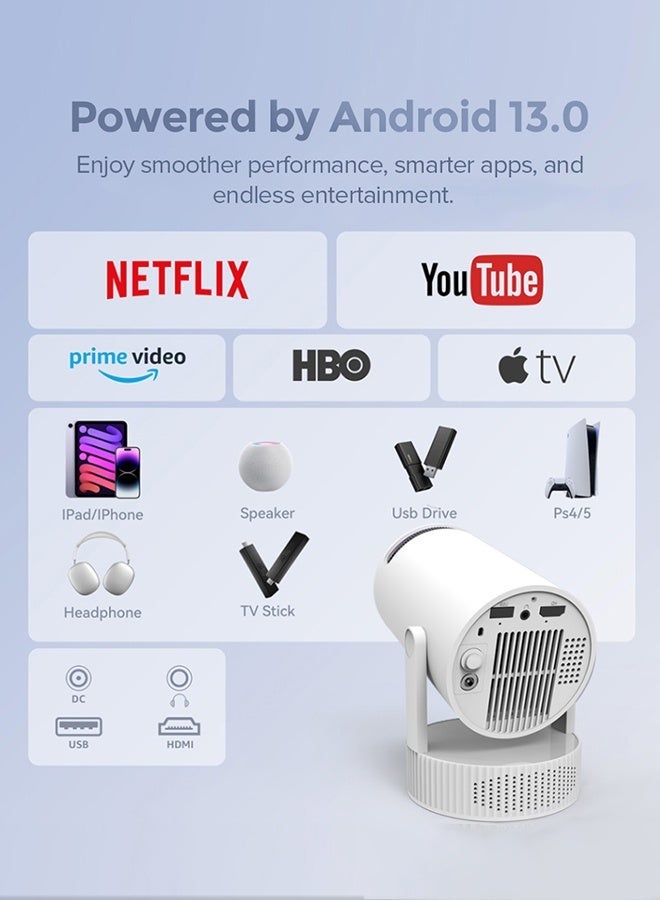 Wownect Mini Smart Projector |180 ANSI Lumens |12000mAh Battery | Android 13 | 4K Support |Auto Keystone |2.4G/5G WiFi |BT5.4 |Portable LED Projector |2+16GB | Up to 130" Display | HDMI/USB HY300 PRO MAX White - Image 5