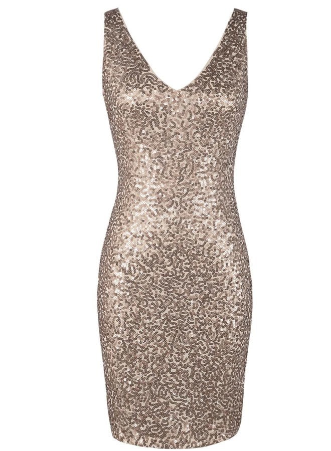 PrettyGuide Women's Sequin Cocktail Dress V Neck Bodycon Glitter Party Dress, Champagne, S - Image 5