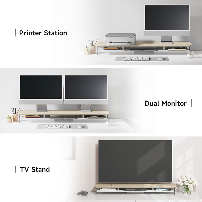 Fenge Acrylic Monitor Stand Riser, 42.5 Inches Dual Monitor Stand with Metal Storage, 2 Tier Acrylic Computer Riser for Desk, Clear Laptop Stand for PC, Laptop, Printer, TV, Oak - Image 5