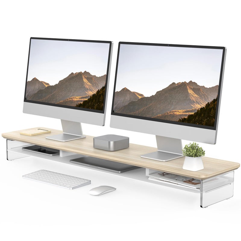 Fenge Acrylic Monitor Stand Riser, 42.5 Inches Dual Monitor Stand with Metal Storage, 2 Tier Acrylic Computer Riser for Desk, Clear Laptop Stand for PC, Laptop, Printer, TV, Oak - Image 1
