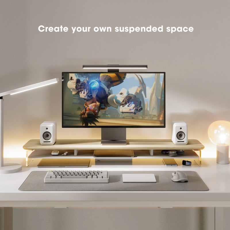 Fenge Acrylic Monitor Stand Riser, 42.5 Inches Dual Monitor Stand with Metal Storage, 2 Tier Acrylic Computer Riser for Desk, Clear Laptop Stand for PC, Laptop, Printer, TV, Oak - Image 4