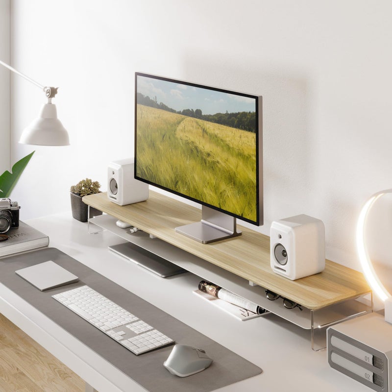 Fenge Acrylic Monitor Stand Riser, 42.5 Inches Dual Monitor Stand with Metal Storage, 2 Tier Acrylic Computer Riser for Desk, Clear Laptop Stand for PC, Laptop, Printer, TV, Oak - Image 2