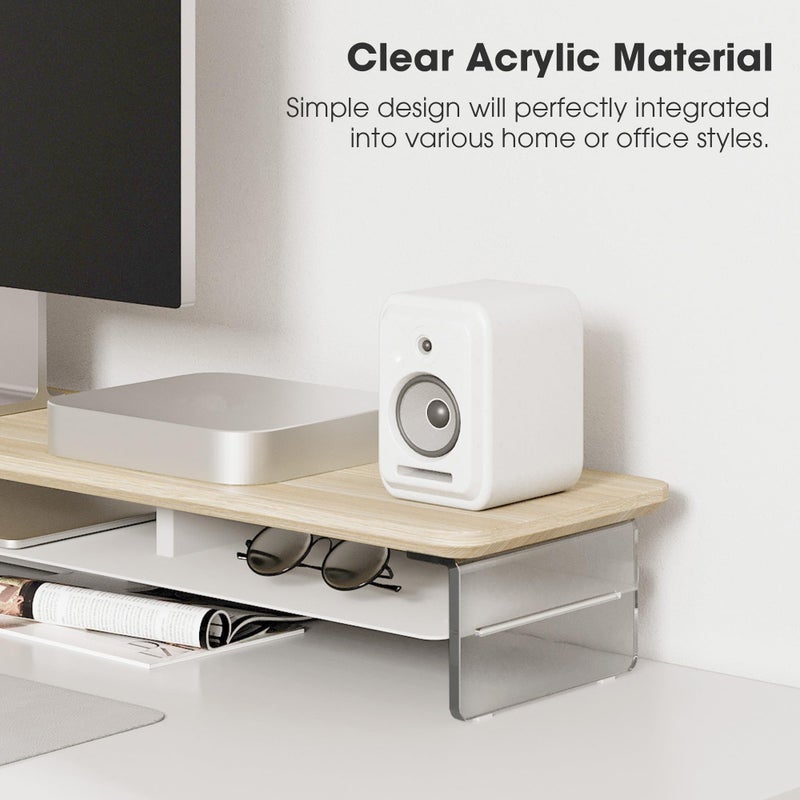 Fenge Acrylic Monitor Stand Riser, 42.5 Inches Dual Monitor Stand with Metal Storage, 2 Tier Acrylic Computer Riser for Desk, Clear Laptop Stand for PC, Laptop, Printer, TV, Oak - Image 3