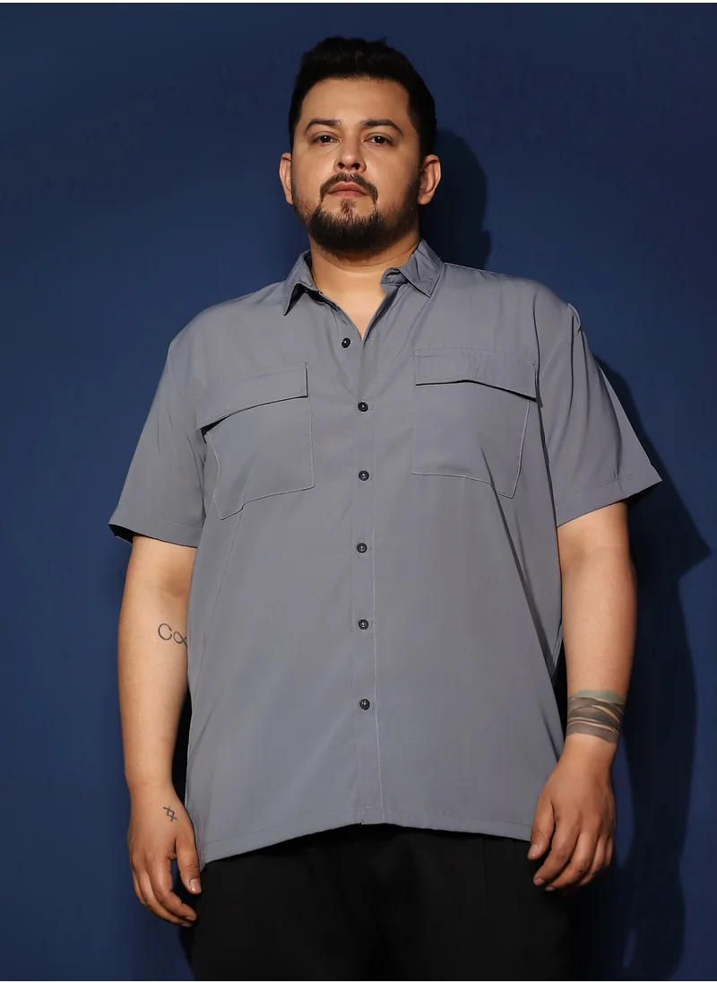 Instafab Plus Instafab Plus Men's Moon Grey Relaxed Utility Shirt For Casual Wear | Spread Collar | Short Regular Sleeves | Button Closure | Plus Size Shirt Crafted With Comfort Fit For Everyday Wear