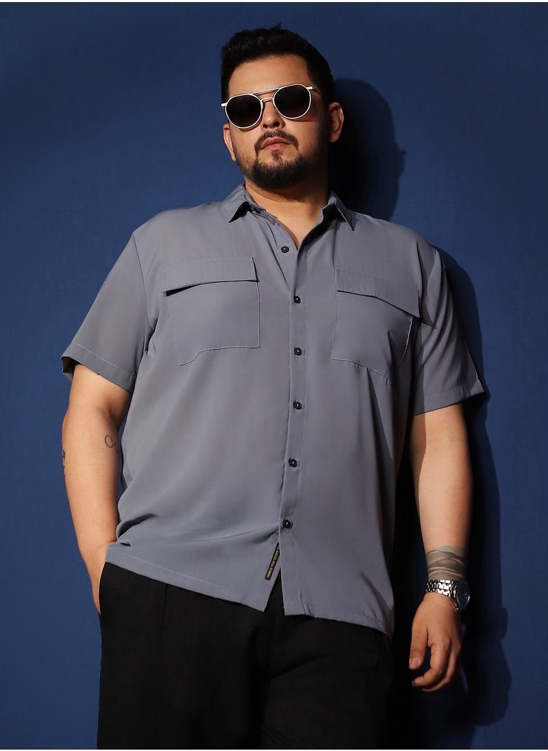 Instafab Plus Instafab Plus Men's Moon Grey Relaxed Utility Shirt For Casual Wear | Spread Collar | Short Regular Sleeves | Button Closure | Plus Size Shirt Crafted With Comfort Fit For Everyday Wear  - Image 1