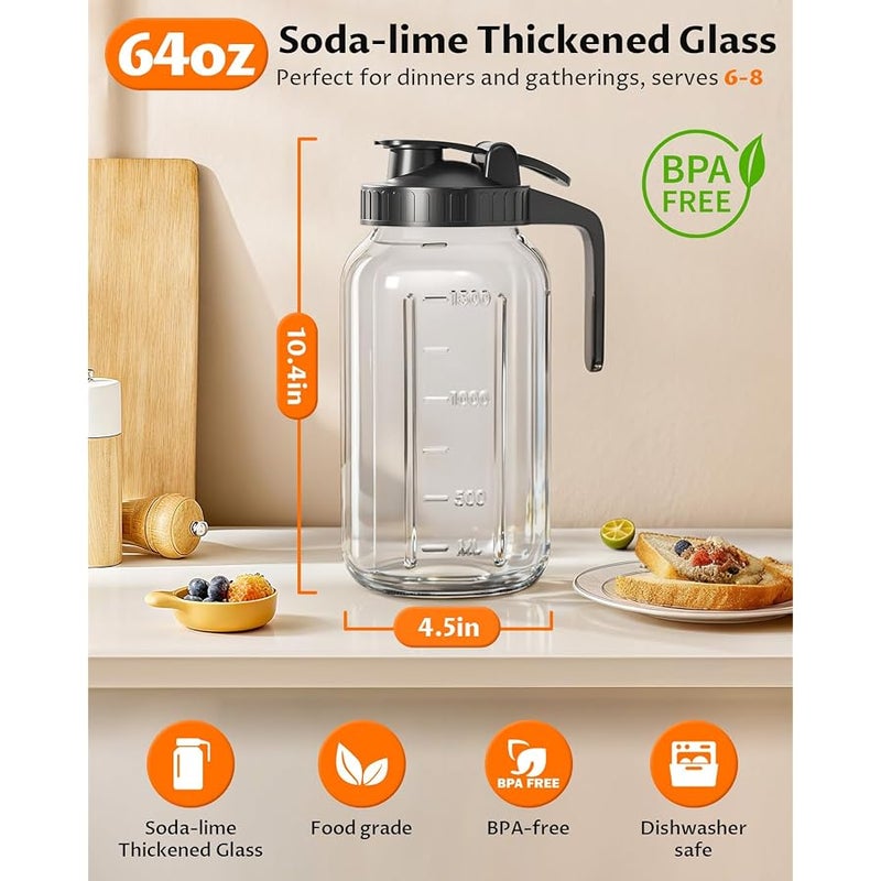 VA1KENE 64 oz Mason Jar Pour Spout, 2 Quart Glass Water Pitcher with Lid, Airtight Seal for Great for Iced Tea,Juice,Milk,Coffee,Sun Lemonade, Set of 1(Black) - Image 3