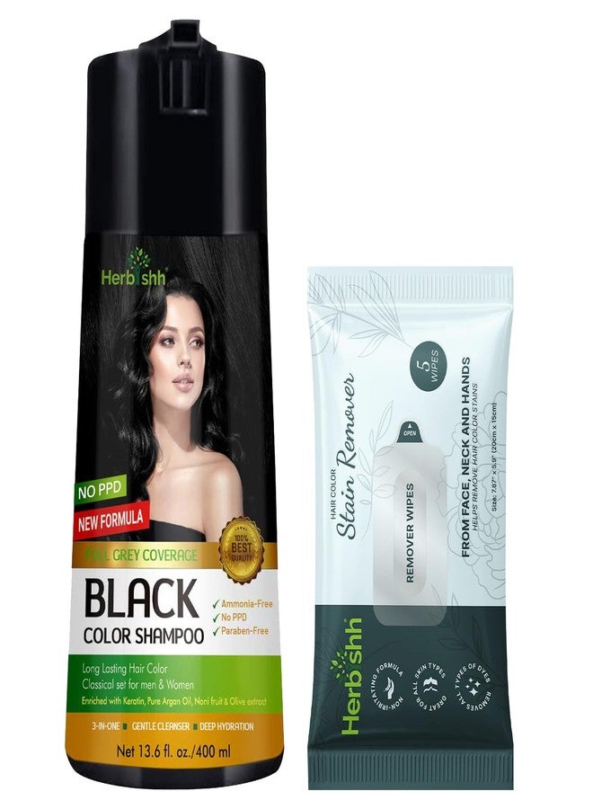 Herbishh Hair Colour Shampoo (Black, 400ml) with Hair Color Stain Remover Wipes- No PPD and Ammonia Hair and Beard Dye for Women and Men | Easy Grey Coverage with Safe Hair Colour Wipes for Skin - Image 1