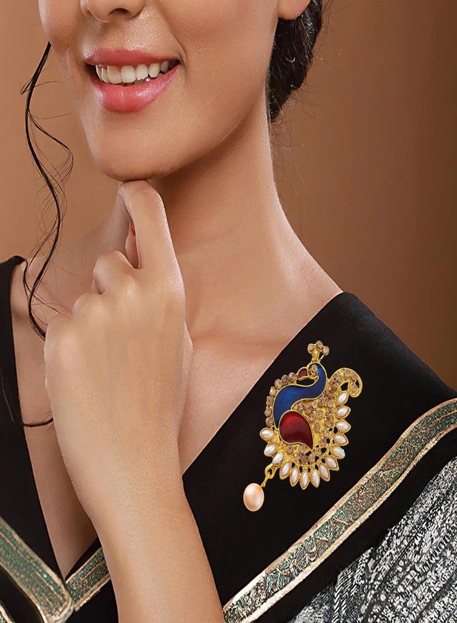 Superstore18 Brass Gold plated Pearls and Meenakari Peacock design Saree Pin Brooch dupatta pallu pin for Women Clothing Accessory (SST3852SPDM) - Image 5