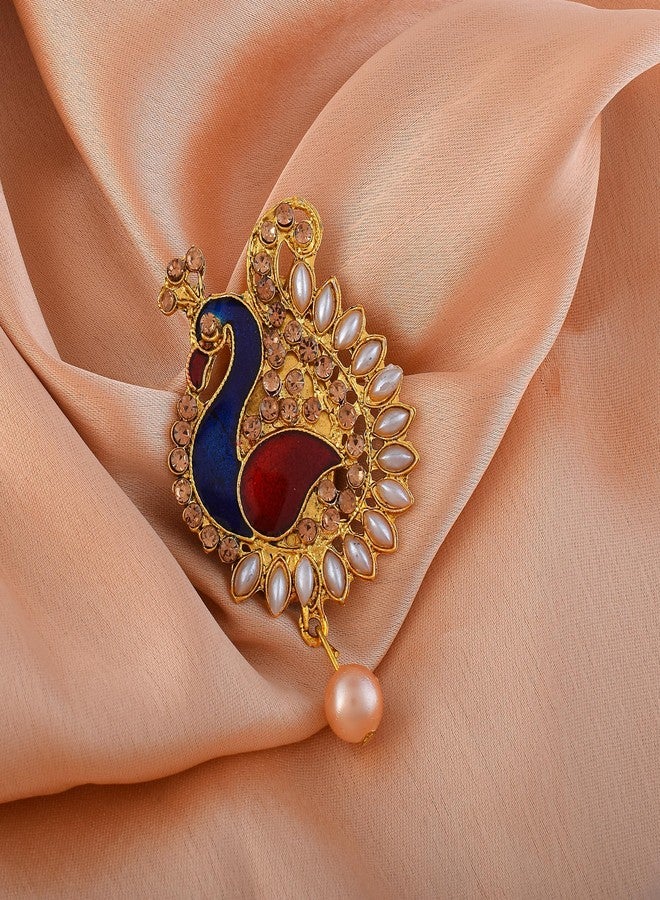 Superstore18 Brass Gold plated Pearls and Meenakari Peacock design Saree Pin Brooch dupatta pallu pin for Women Clothing Accessory (SST3852SPDM) - Image 4