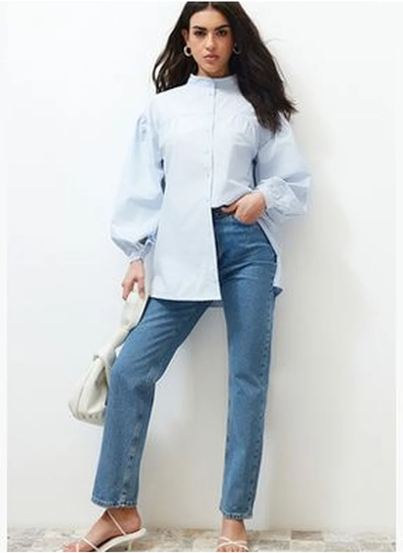 trendyol Light Blue Ruffle Detailed Cotton Basic Woven Shirt TCTSS24TG00055