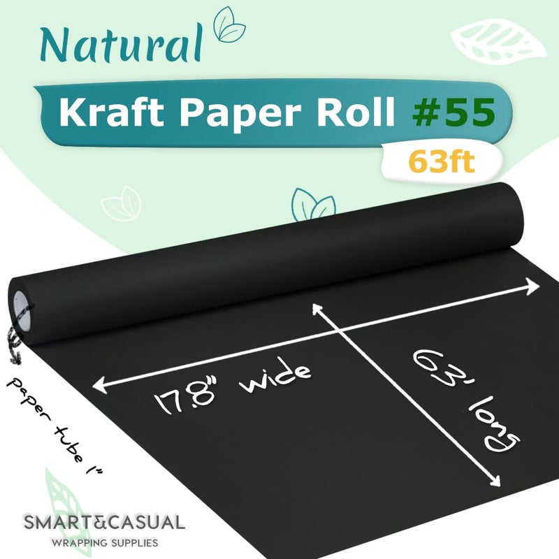 SMART&CASUAL Black Wrapping Paper 17.8" x 760" (63') Kraft Craft Paper Roll for Gift Bulletin Board Bouquet Flower Kids Art Packing Parcel Table Covering 80GSM 55LB (Black, 17.8" x 63') - Image 2