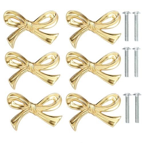 PieJoFpy 6Pcs Gold Bow Knobs for Dresser Bow Drawer Knobs Solid Brass Bow Shape Bow Cabinet Knob Compact Bow Drawer Pulls Decorative Elegant Bow Dresser Knobs Handle Beautiful Bow Furniture Knobs for Home - Image 1