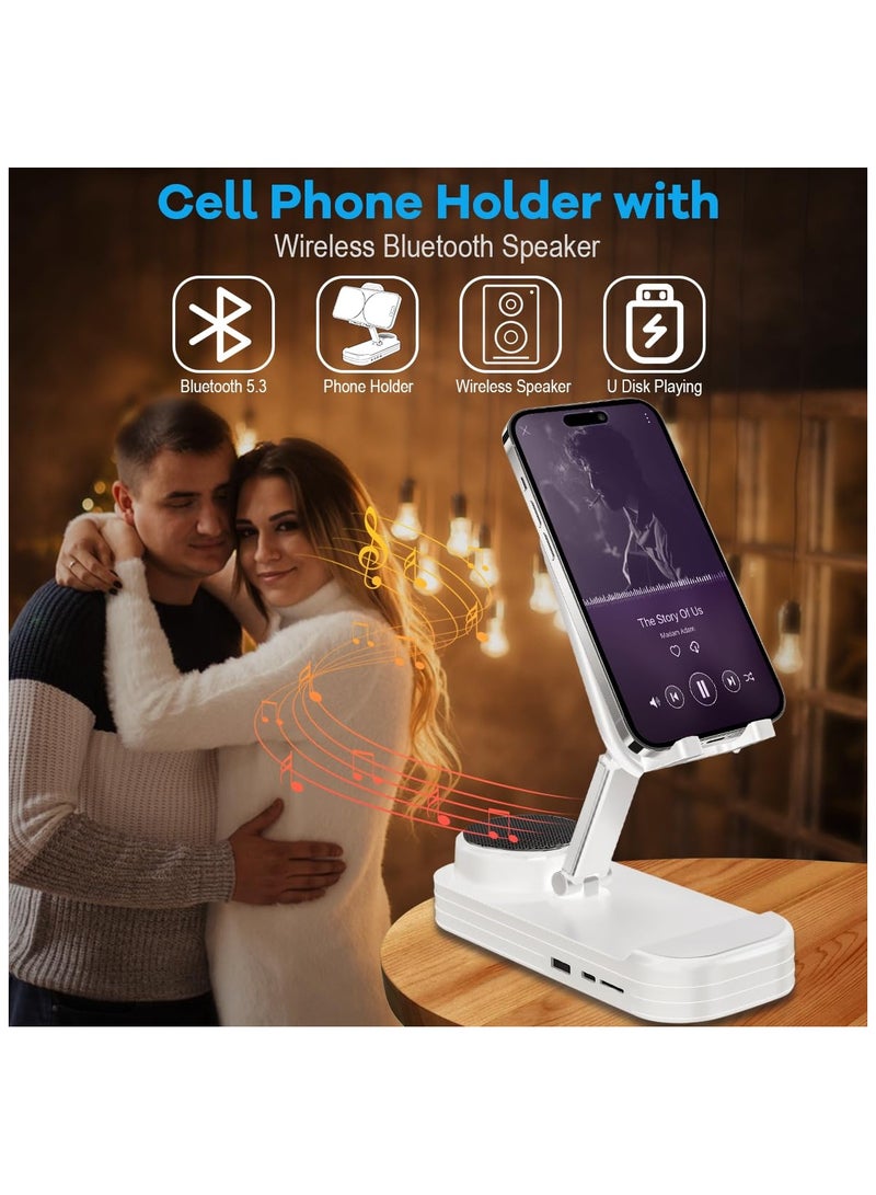 SYOSI Phone Stand with Speaker, HD Surround Sound Bluetooth Speaker,  Adjustable Phone Holder, Desktop Tech Gadgets for Women Men Birthday Valentine Present Idea Outdoor Wireless Speaker, White - Image 2