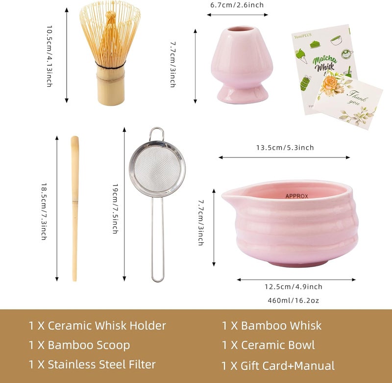 YumiPLUS 5pcs Premium Matcha Set,Ceramic Bowl with Spout and Bamboo Whisk set, Ceremonical Matcha Kit for breakfast/latte,Tea Starter Making Kit,Unique Matcha Gift set (pink) - Image 5