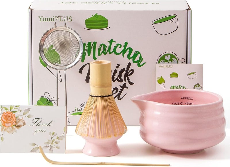 YumiPLUS 5pcs Premium Matcha Set,Ceramic Bowl with Spout and Bamboo Whisk set, Ceremonical Matcha Kit for breakfast/latte,Tea Starter Making Kit,Unique Matcha Gift set (pink) - Image 1