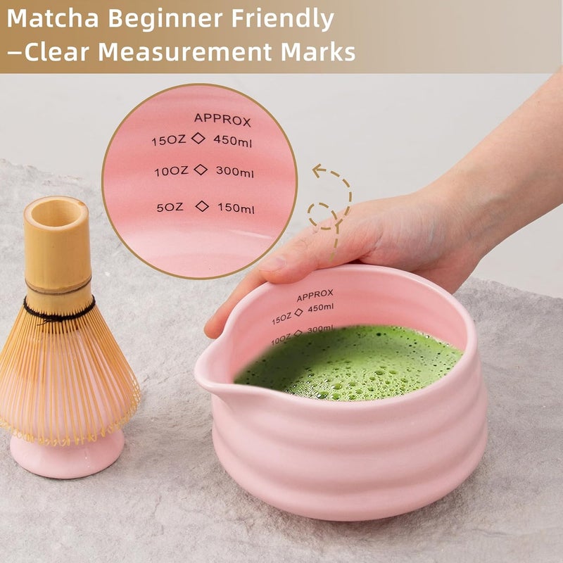 YumiPLUS 5pcs Premium Matcha Set,Ceramic Bowl with Spout and Bamboo Whisk set, Ceremonical Matcha Kit for breakfast/latte,Tea Starter Making Kit,Unique Matcha Gift set (pink) - Image 3