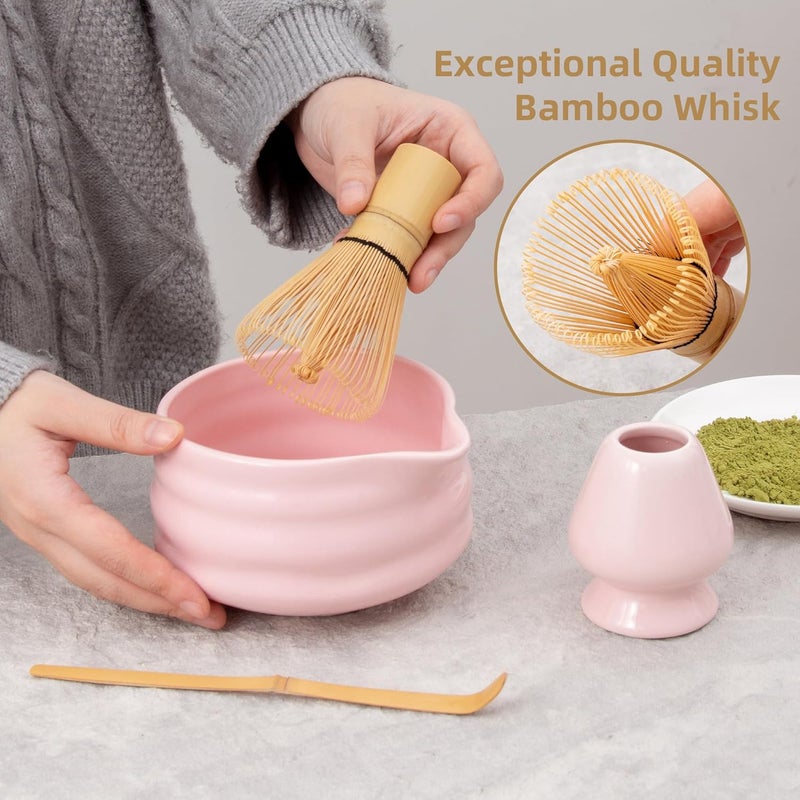 YumiPLUS 5pcs Premium Matcha Set,Ceramic Bowl with Spout and Bamboo Whisk set, Ceremonical Matcha Kit for breakfast/latte,Tea Starter Making Kit,Unique Matcha Gift set (pink) - Image 4