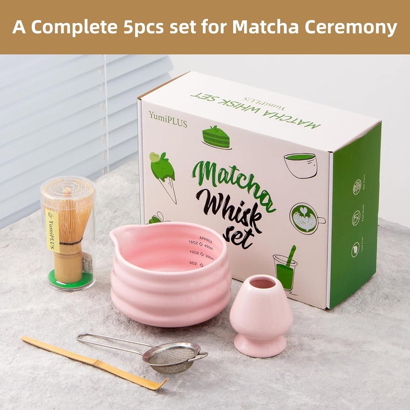 YumiPLUS 5pcs Premium Matcha Set,Ceramic Bowl with Spout and Bamboo Whisk set, Ceremonical Matcha Kit for breakfast/latte,Tea Starter Making Kit,Unique Matcha Gift set (pink) - Image 2