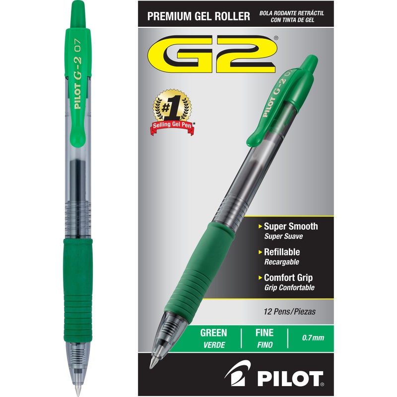 Pilot, G2 Premium Gel Roller Pens, Fine Point 0.7 mm, Green, Pack of 12 - Image 1
