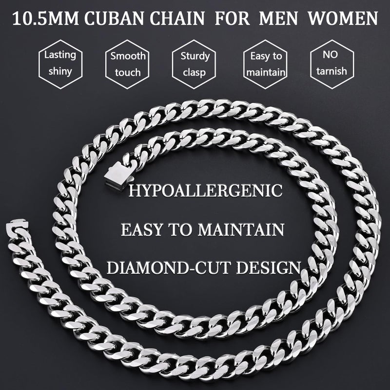 Fiusem 10.5mm Silver Colored Chains for Men, Silver Plated Cuban Link Chain Necklace for Men and Women, Stainless Steel Necklaces 24 Inch - Image 5