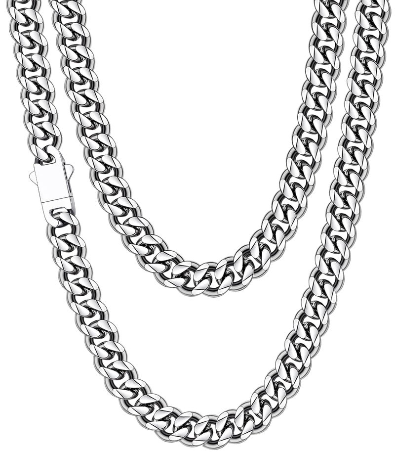 Fiusem 10.5mm Silver Colored Chains for Men, Silver Plated Cuban Link Chain Necklace for Men and Women, Stainless Steel Necklaces 24 Inch - Image 1