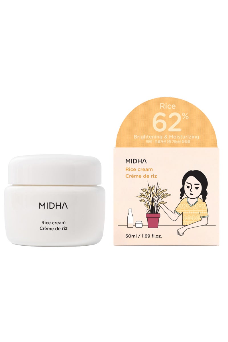 MIDHA Rice Cream 50ml Offers deep, lightweight hydration and glowing radiance. Enhance skin elasticity and delivers glowing skin.  Strengthens the skin barrier and smooths texture for a supple and balanced feel.  This cream absorbs quickly without greasiness, making it ideal for sensitive or dehydrated skin. - Image 2