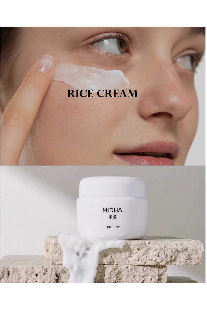 MIDHA Rice Cream 50ml Offers deep, lightweight hydration and glowing radiance. Enhance skin elasticity and delivers glowing skin.  Strengthens the skin barrier and smooths texture for a supple and balanced feel.  This cream absorbs quickly without greasiness, making it ideal for sensitive or dehydrated skin. - Image 3