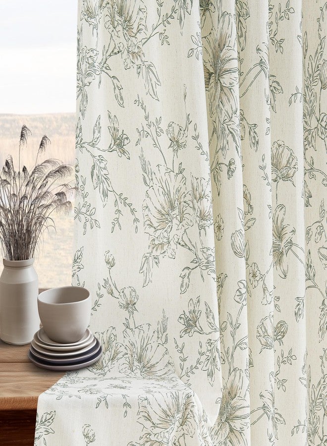 BILEEHOME Green Floral Curtains 108 Inch Length Pinch Pleated for Living Room Dining Light Filtering Olive Green Sketch Pattern Print on Cream White Linen Curtains 108 Inches Long Farmhouse Vintage Country - Image 2