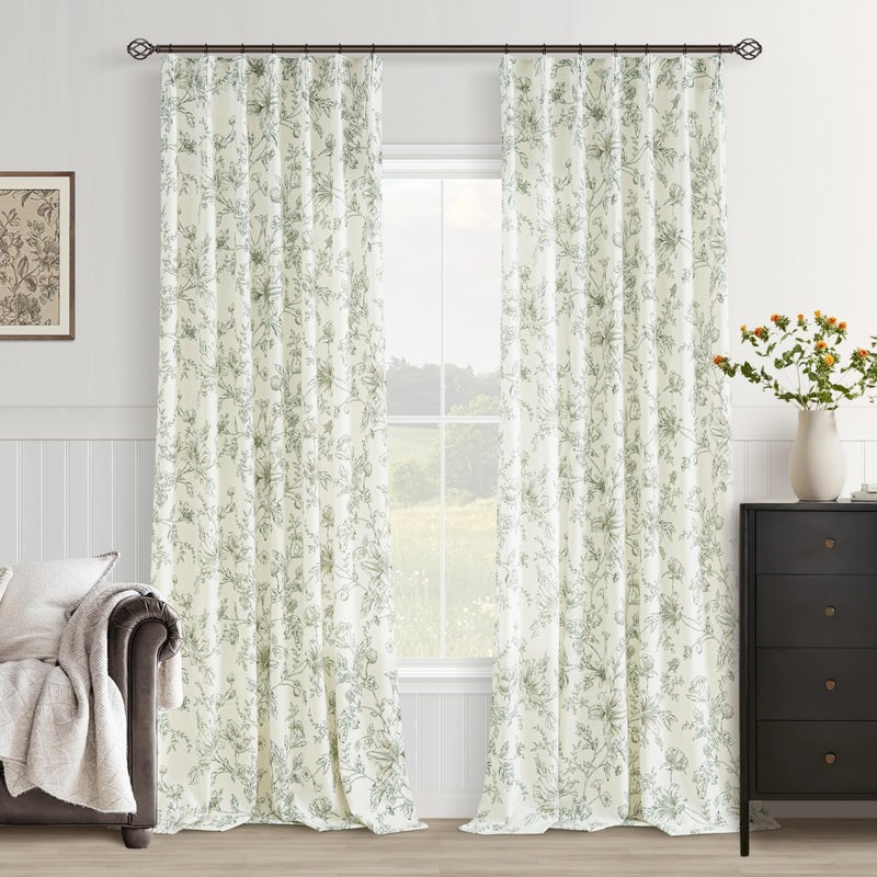 BILEEHOME Green Floral Curtains 108 Inch Length Pinch Pleated for Living Room Dining Light Filtering Olive Green Sketch Pattern Print on Cream White Linen Curtains 108 Inches Long Farmhouse Vintage Country - Image 1