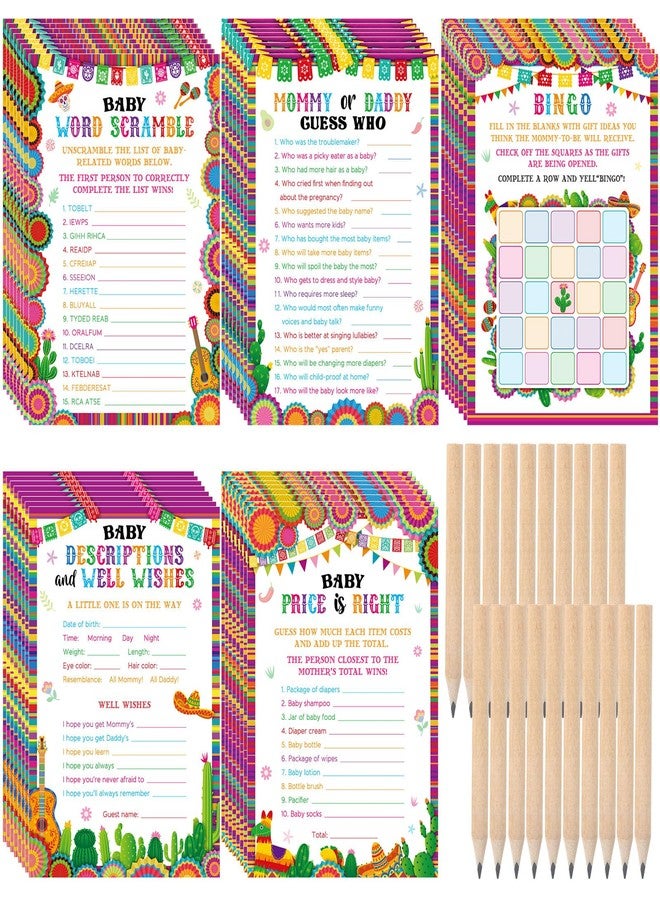Zhanmai 145 Pcs Mexican Baby Shower Games 5 Set Game Activity Cards Fiesta, Description and Wishes, Baby Price, Word Scramble with 20 Pencils for Hispanic Heritage Month Activities - Image 1