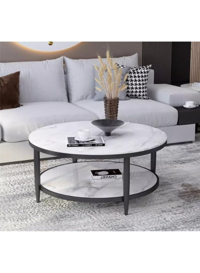 YINZUO Coffee Table, 2-Tier Round Table with Natural White Marble Top and Black Gold Metal Frame – No Assembly Required, Durable Welded Structure (Matt Black, 80 cm) - Image 4