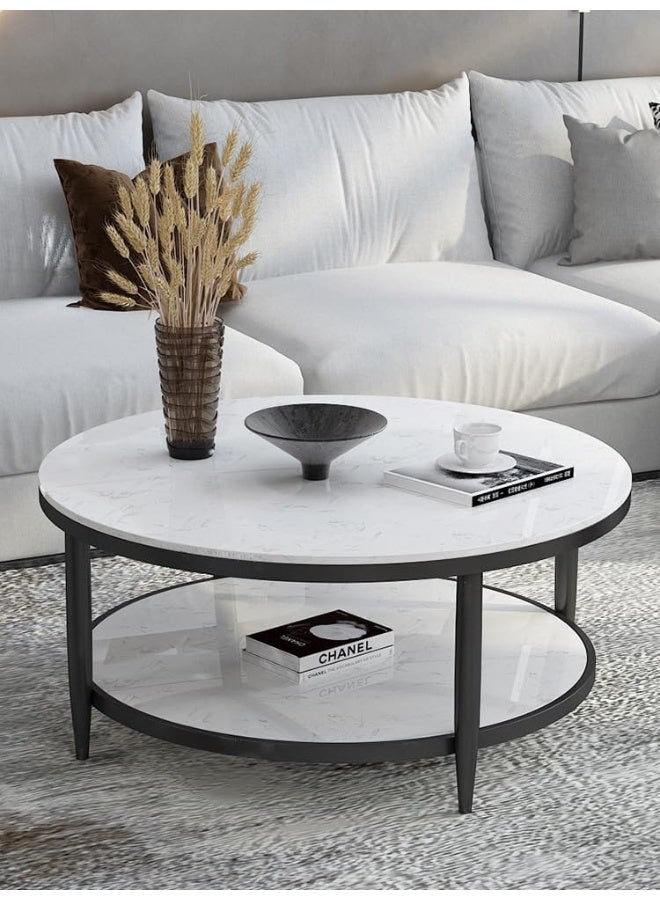YINZUO Coffee Table, 2-Tier Round Table with Natural White Marble Top and Black Gold Metal Frame – No Assembly Required, Durable Welded Structure (Matt Black, 80 cm) - Image 1