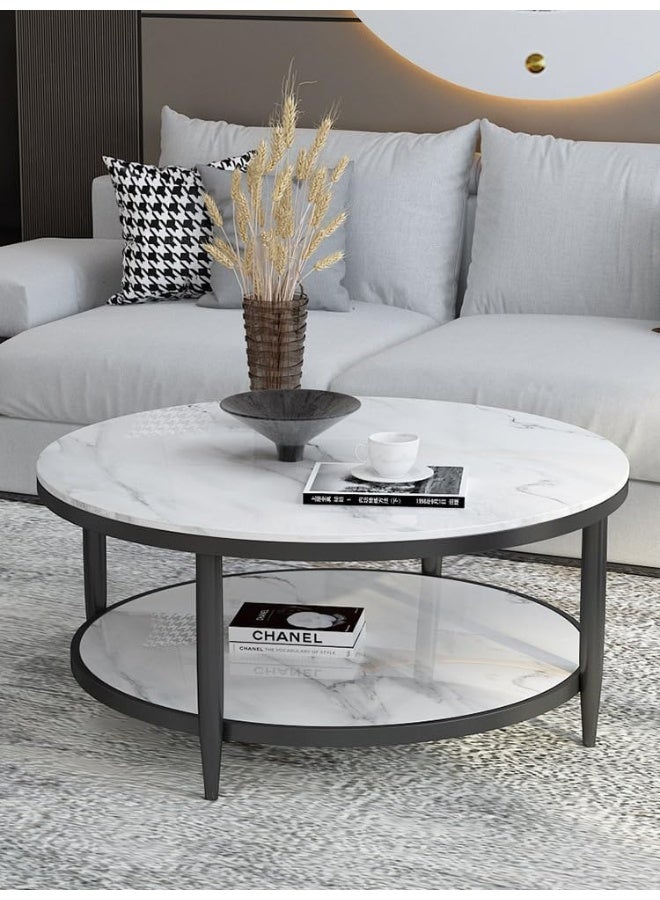 YINZUO Coffee Table, 2-Tier Round Table with Natural White Marble Top and Black Gold Metal Frame – No Assembly Required, Durable Welded Structure (Matt Black, 80 cm) - Image 2